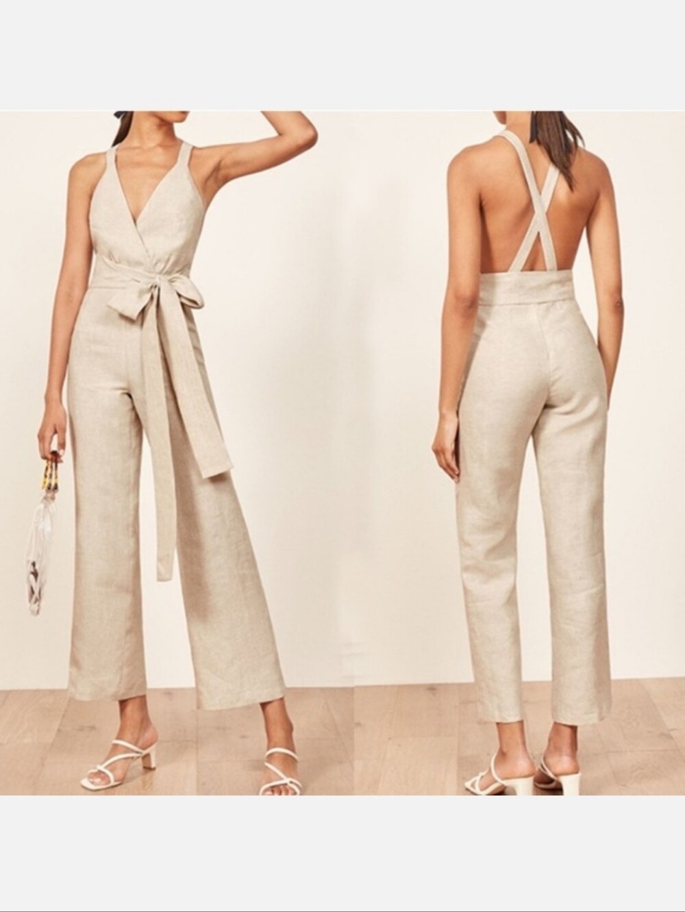NWOT Reformation Dani Crossback 100% Linen Jumpsuit in Sand sz 6
